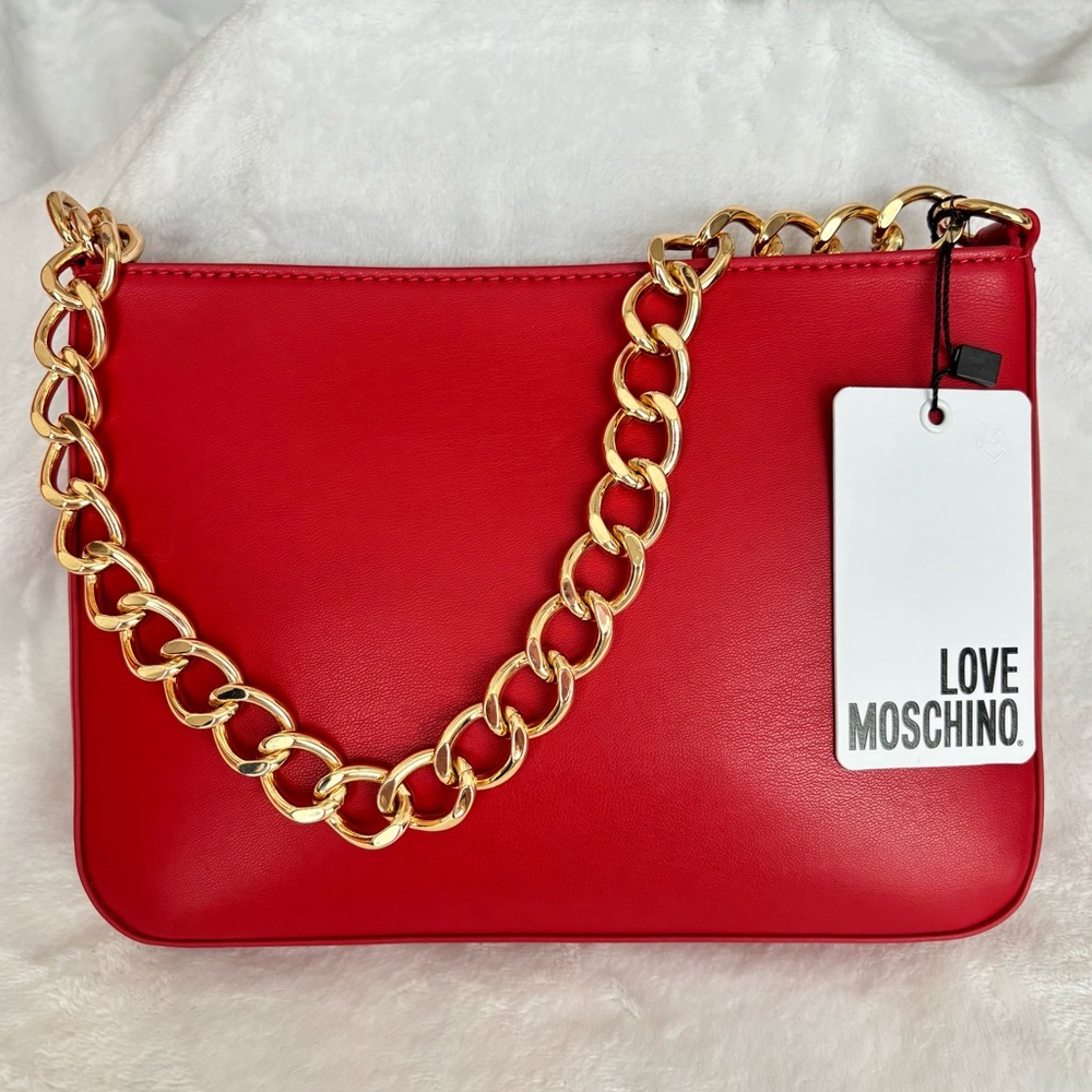 LOVE MOSCHINO Red with Gold Heart Zippered Vegan Leather Handbag/Crossbody--NWT - Picture 4 of 16